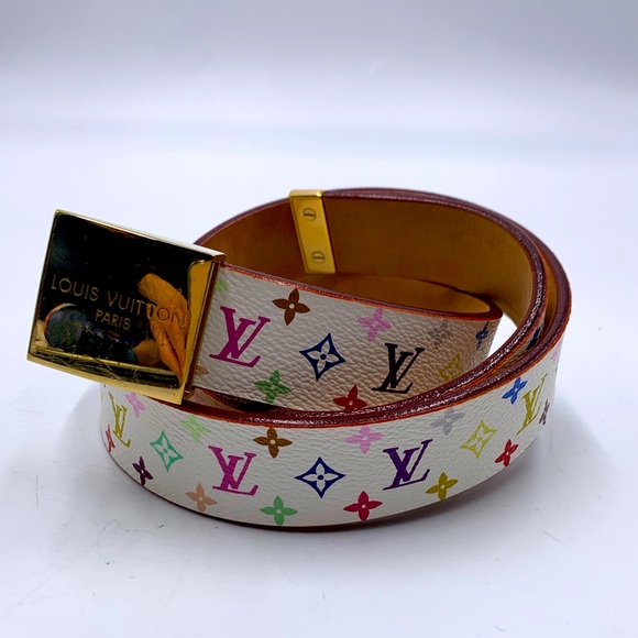 Auth Louis Vuitton Multicolor Monogram White Toile Ceinture Calle Belt 80/32 Ex+ - Picture 5 of 7